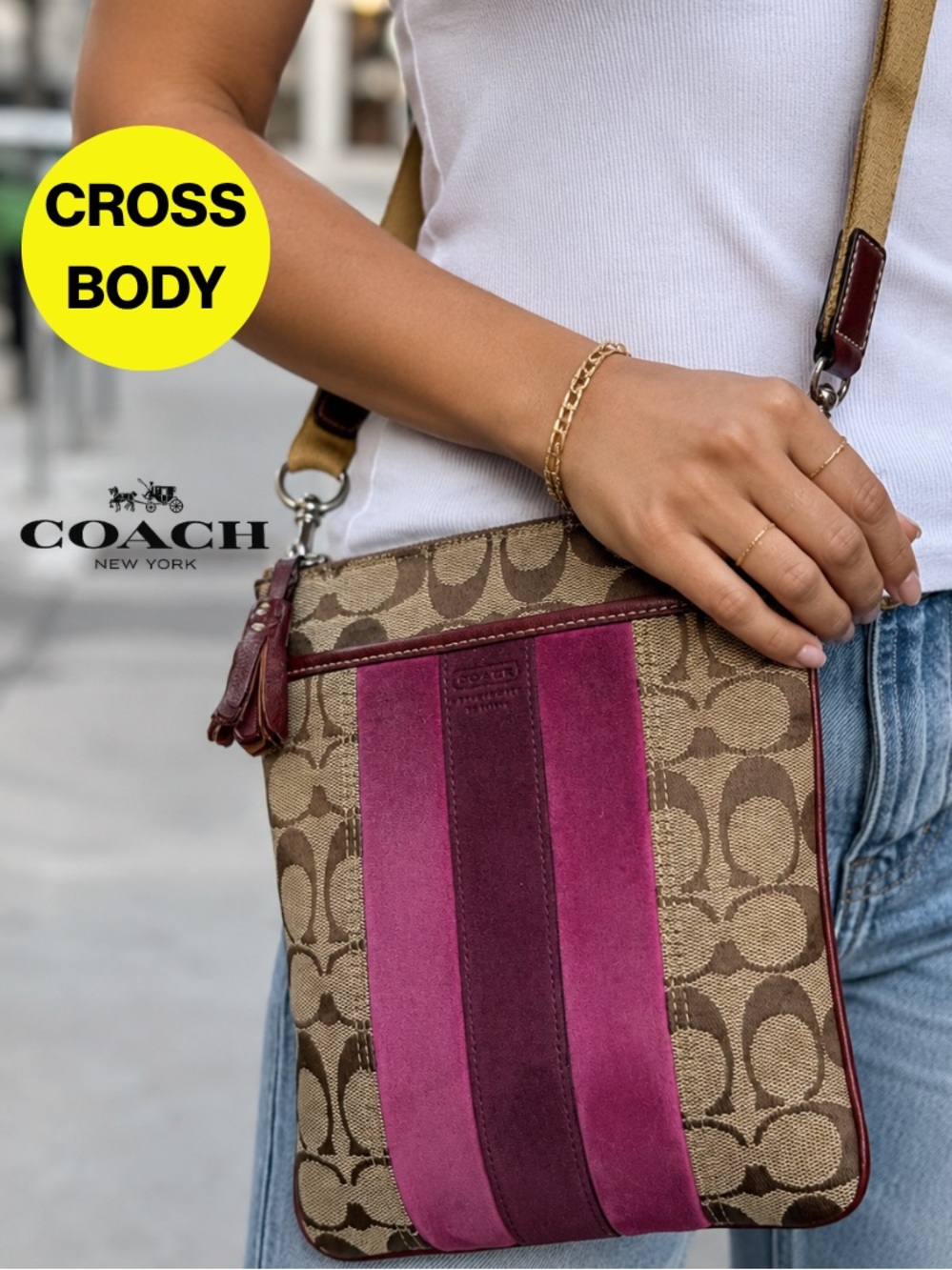 COACH 🎆 Monogrammed Logo, Suede, Leather Crossbody Bag, Tan, Burgundy 6x7"